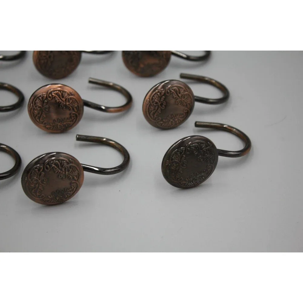 QTY: 12 Metal Shower Curtain Hooks Round Button Dark Copper Embellished Set NICE